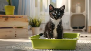 Gato pequeño blanco con negro sobre una arenero
